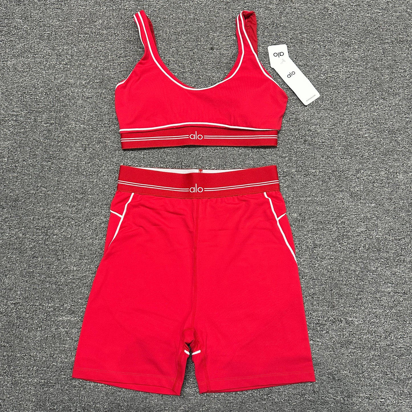 ALO Airbrush Heart Throb Bra and high-waist short set in Bright Red White front view