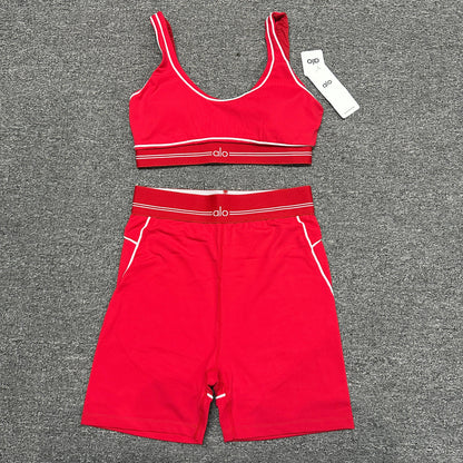 ALO Airbrush Heart Throb Bra and high-waist short set in Bright Red White front view