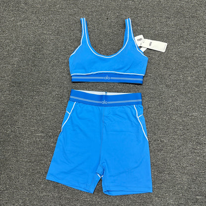 ALO Airbrush Heart Throb Bra and high-waist short set in Azure Blue White front view