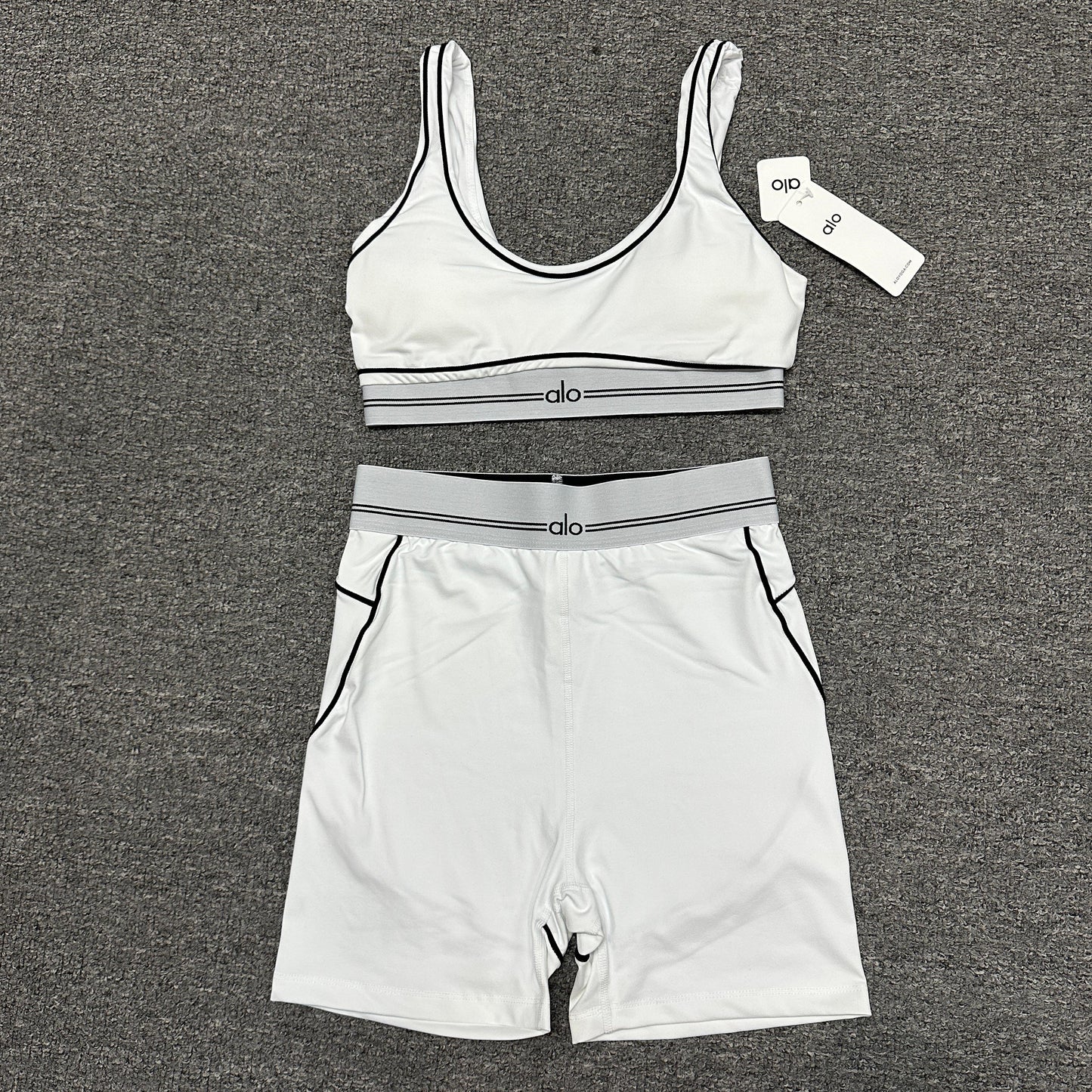 ALO Airbrush Heart Throb Bra and high-waist short set in White Black front view
