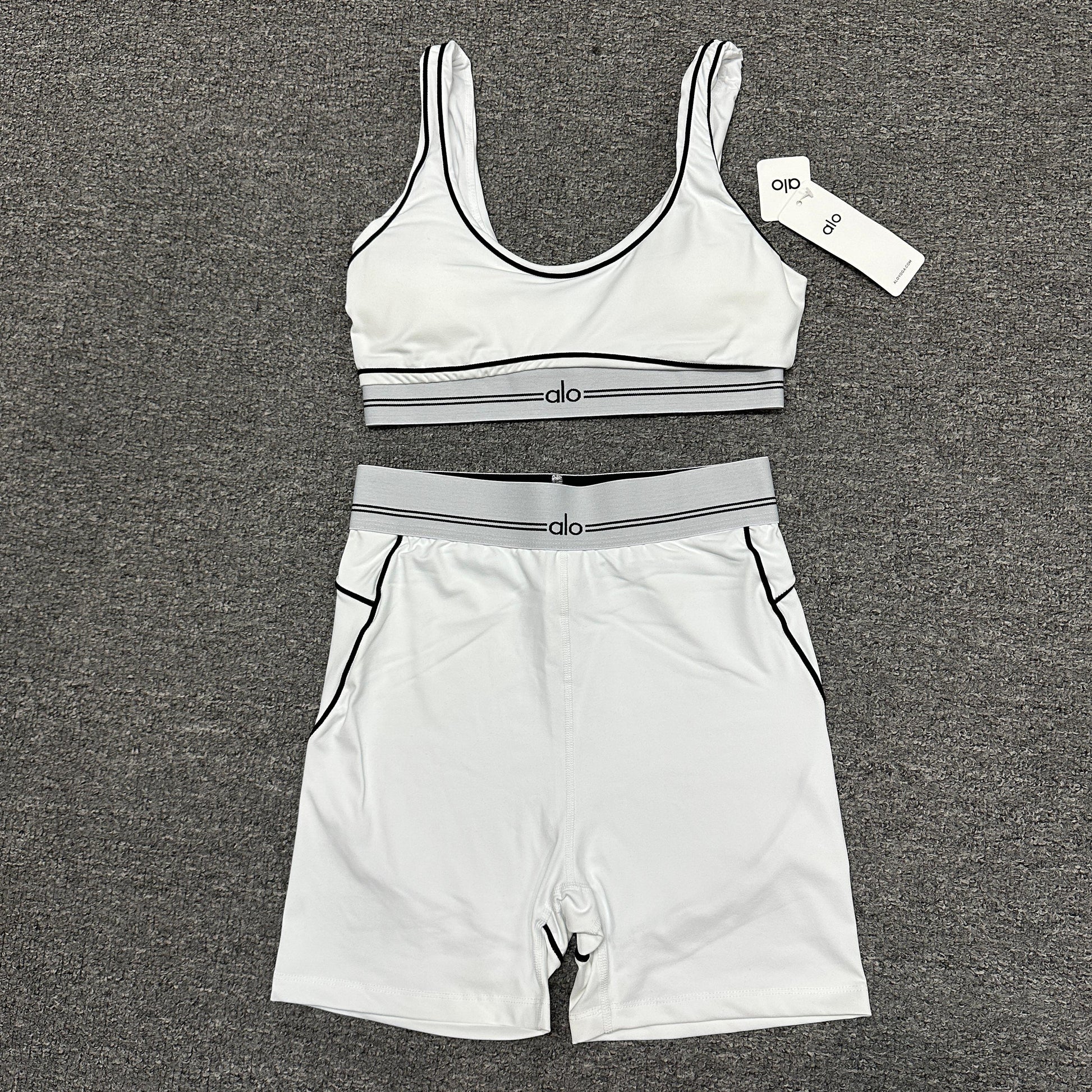 ALO Airbrush Heart Throb Bra and high-waist short set in White Black front view