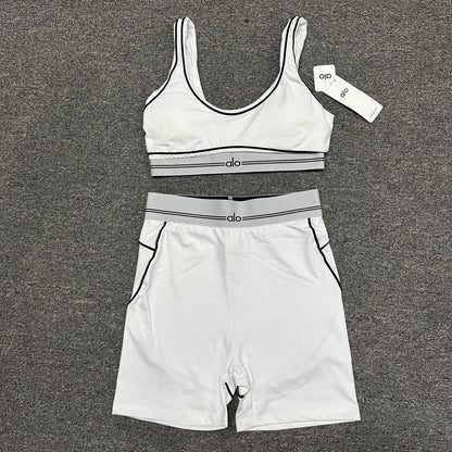 ALO Airbrush Heart Throb Bra and high-waist short set in White Black front view