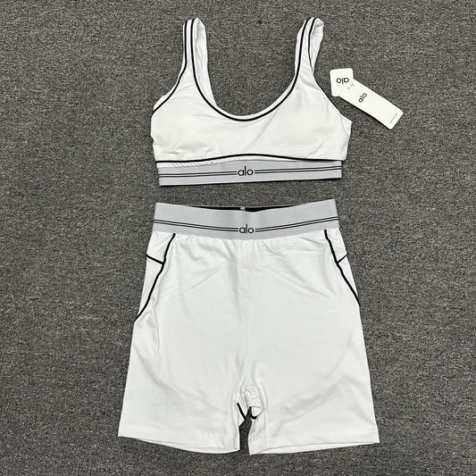ALO Airbrush Heart Throb Bra and high-waist short set in White Black front view