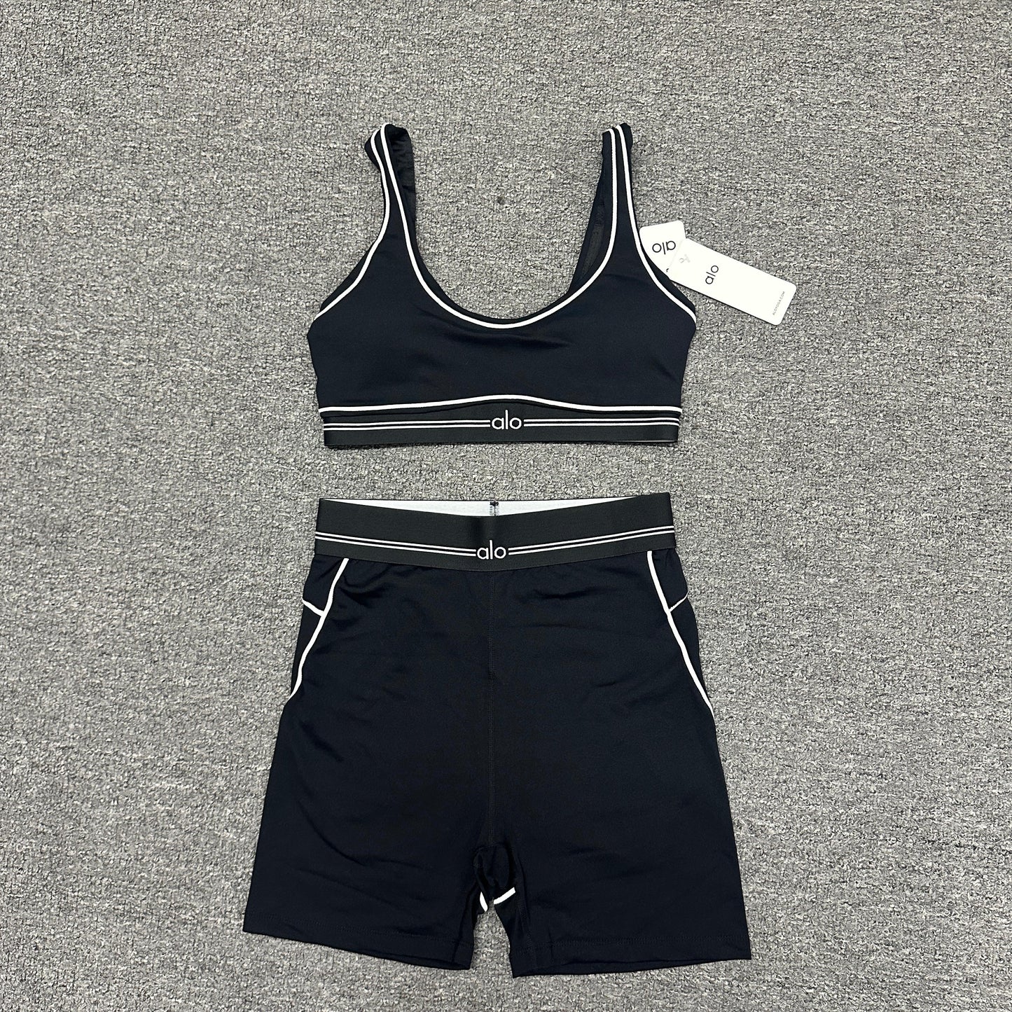 ALO Airbrush Heart Throb Bra and high-waist short set in Black White front view