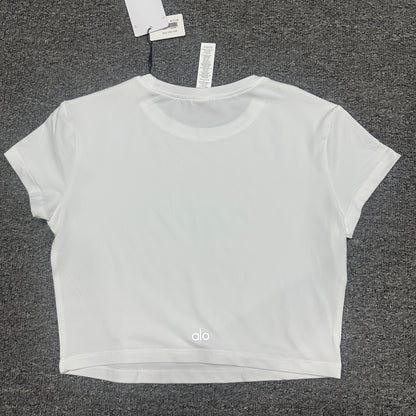 ALO Alosoft Crop Finesse Short Sleeve in White back view showing the cropped fit