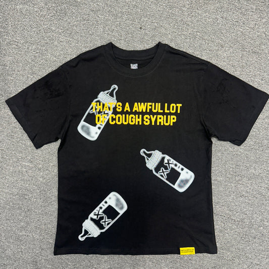 Thats a Awful Lot of Cough Syrup T-Shirt Size Large Black & Yellow Baby Bottle