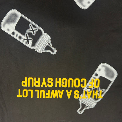 Thats a Awful Lot of Cough Syrup T-Shirt Size Large Black & Yellow Baby Bottle