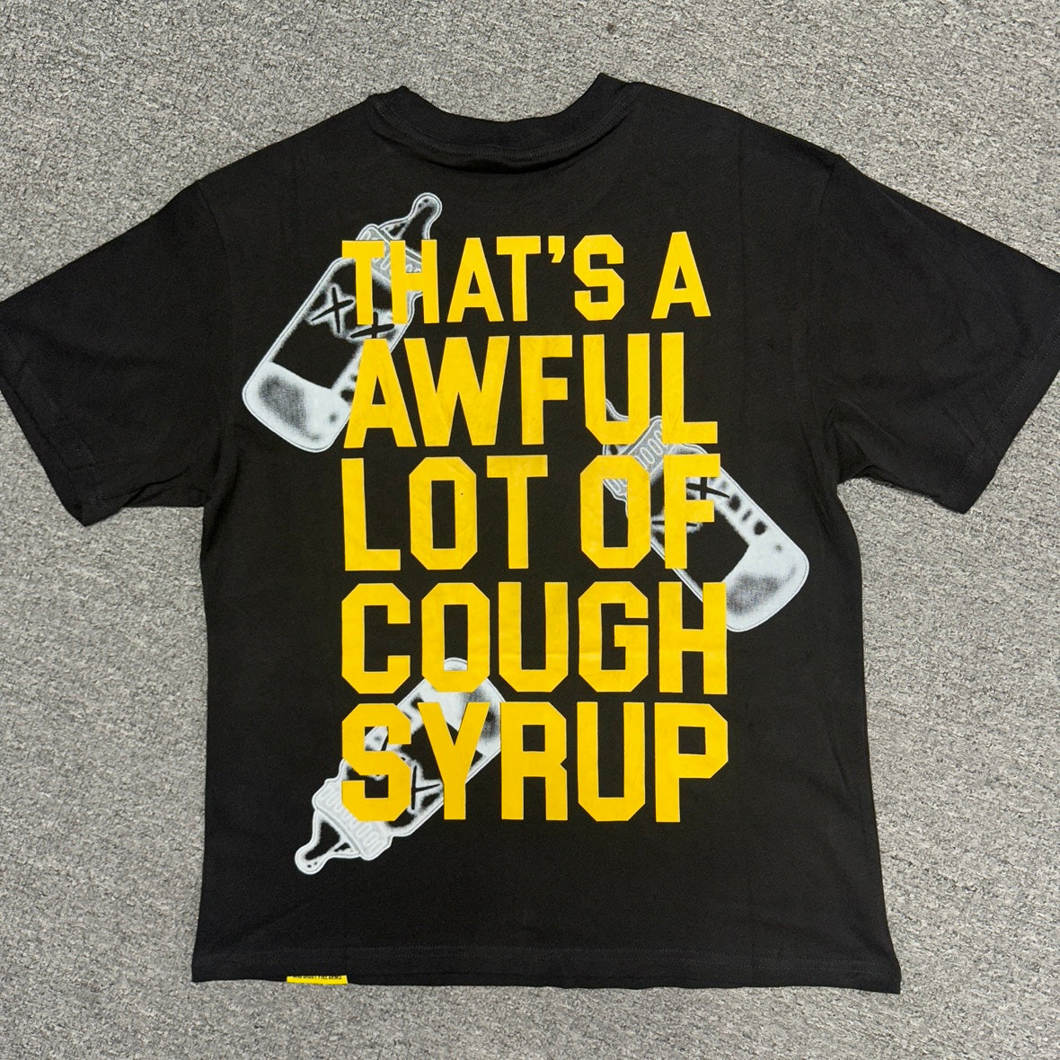 Thats a Awful Lot of Cough Syrup T-Shirt Size Large Black & Yellow Baby Bottle