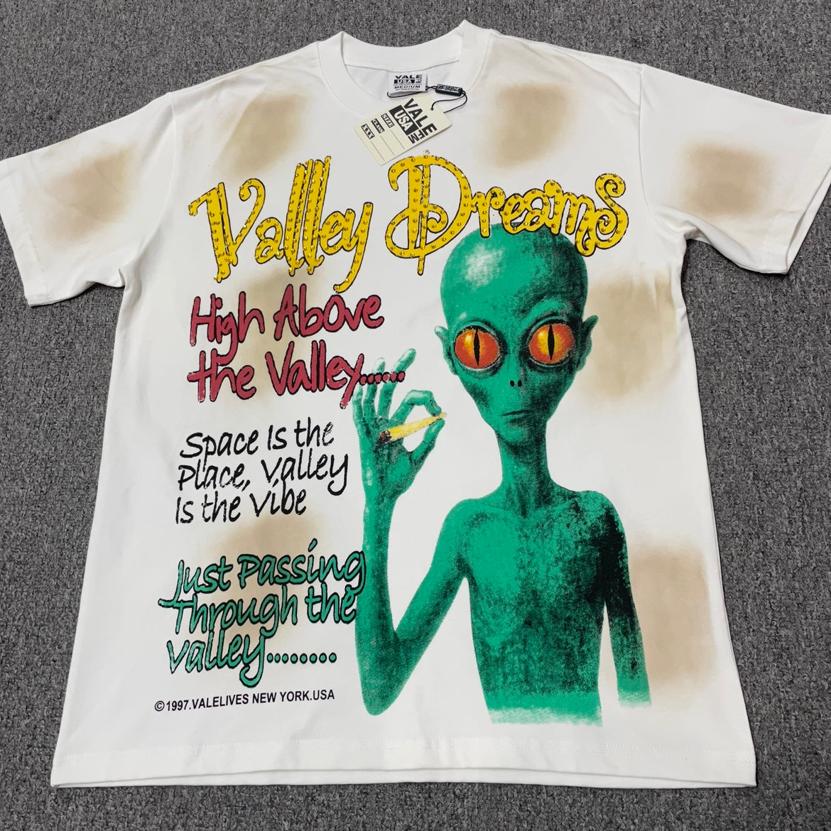 Vale Forever Valley Dreams Alien Rhinestone T-Shirt front view in distressed white