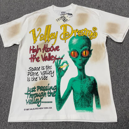 Vale Forever Valley Dreams Alien Rhinestone T-Shirt front view in distressed white