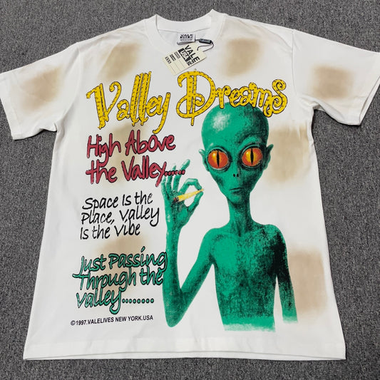 Vale Forever Valley Dreams Alien Rhinestone T-Shirt front view in distressed white