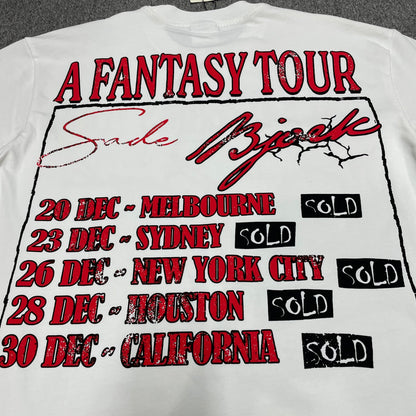 Vale Forever Dreams Tour Tee full fantasy tour dates back graphic
Vale Forever Dreams Tour Tee A Fantasy Tour back print
A Fantasy Tour distressed red title print close-up
Vale Forever Dreams Tour Tee tour cities and dates back print detail
Vale Forever Fantasy Tour black SOLD stamp graphic detail