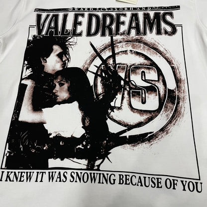 Vale Forever Scissorhands Tee full distressed front graphic
Vale Forever Scissorhands Tee vintage cinematic portrait front artwork
Vale Forever Scissorhands Tee distressed monochrome portrait print detail
Vale Forever Scissorhands Tee bold Vale Dreams lettering close-up
Vale Forever Scissorhands Tee distressed VS circular logo detail
Vale Forever Scissorhands Tee front slogan lettering print detail
Vale Forever Scissorhands Tee double-sided graphic design