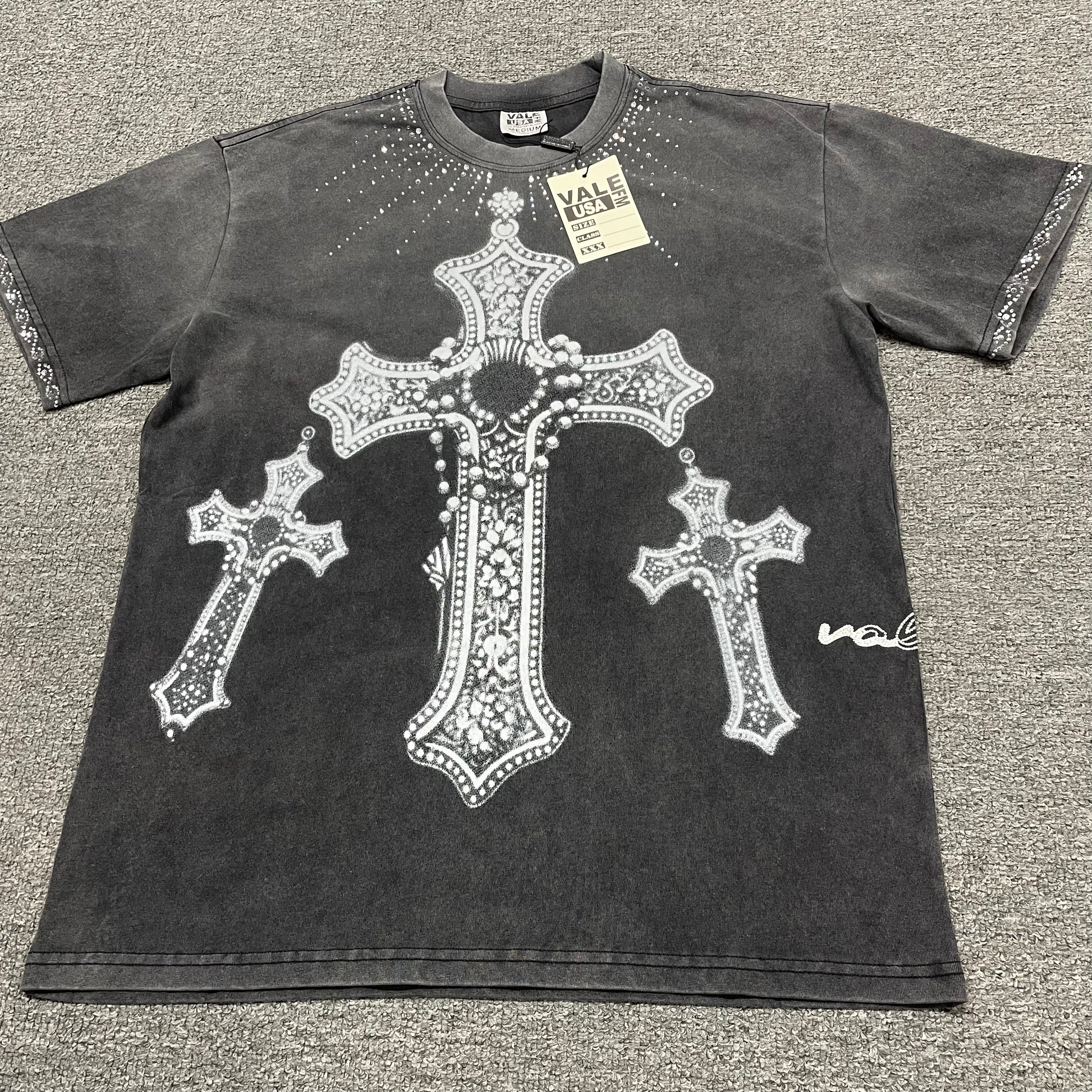 Vale Forever Iron Cross Bling Tee Washed Black front view