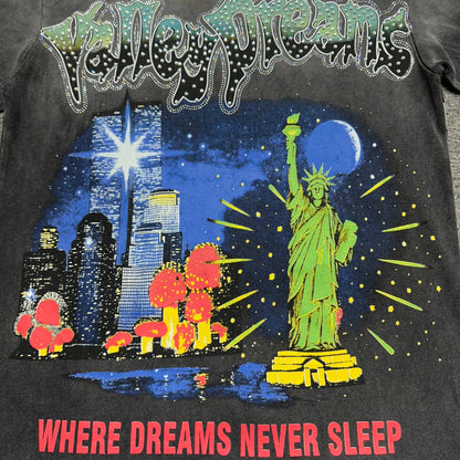 Vale Forever Skyline Bling Tee full NYC skyline front graphic
Vale Forever Skyline Bling Tee NYC skyline and Statue of Liberty artwork
Vale Forever Skyline Bling Tee detailed New York night skyline print
Vale Forever Skyline Bling Tee crystal Valley Dreams lettering
Vale Forever Skyline Bling Tee rhinestone lettering close-up
Vale Forever Skyline Bling Tee green Statue of Liberty front graphic
