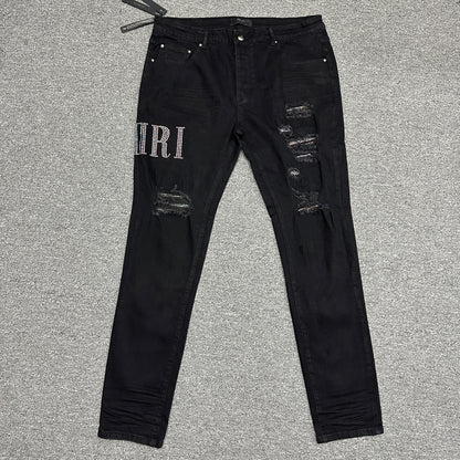 AMIRI Staggered Logo Distressed Skinny Jeans Black