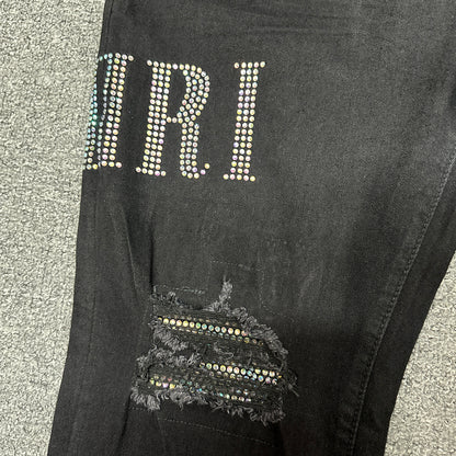 AMIRI Staggered Logo Distressed Skinny Jeans Black