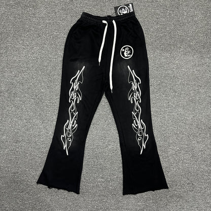 Hellstar Studios Racer Black Flame Flared Sweatpants