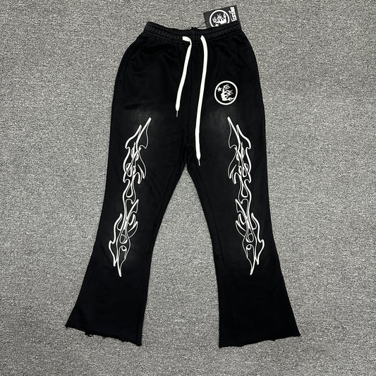 Hellstar Studios Racer Black Flame Flared Sweatpants