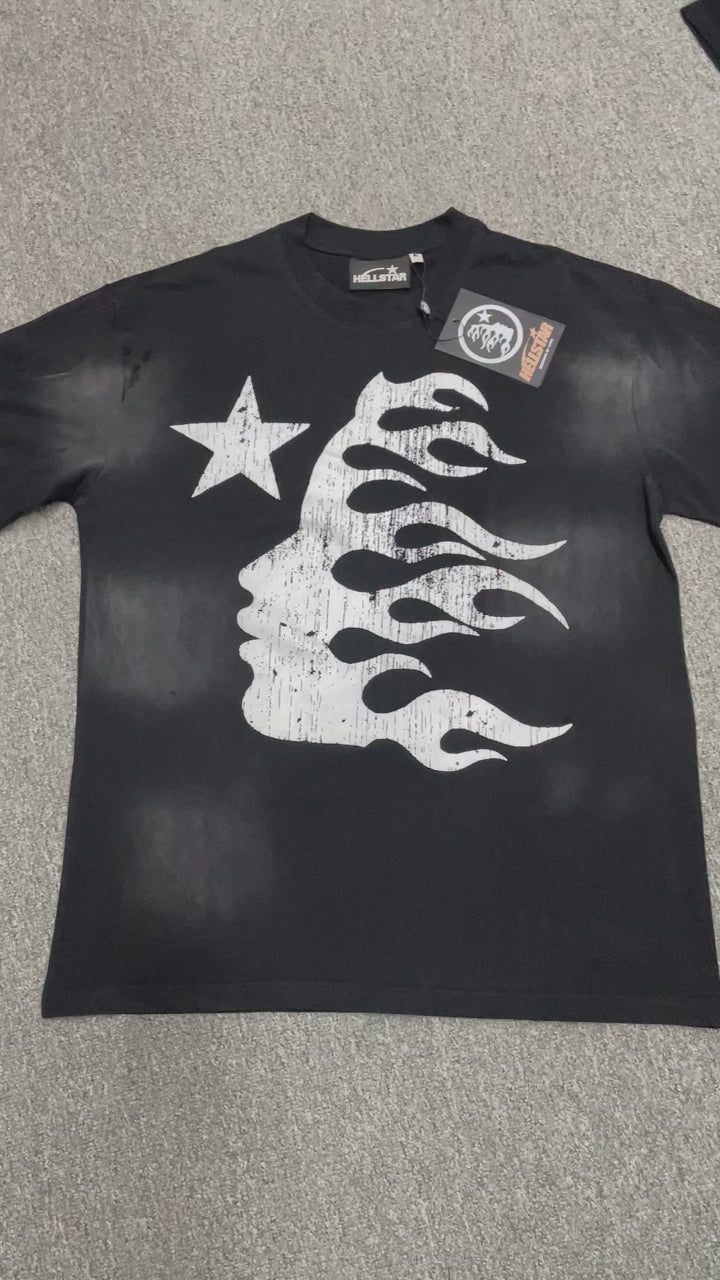 Hellstar Flame Face Logo washed black T-shirt front view