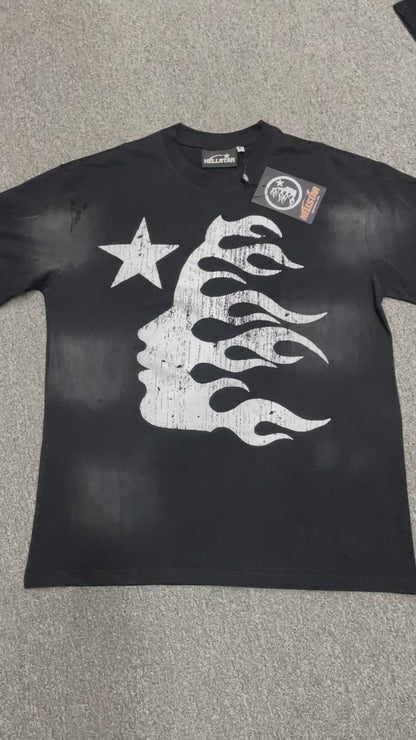 Hellstar Flame Face Logo washed black T-shirt front view