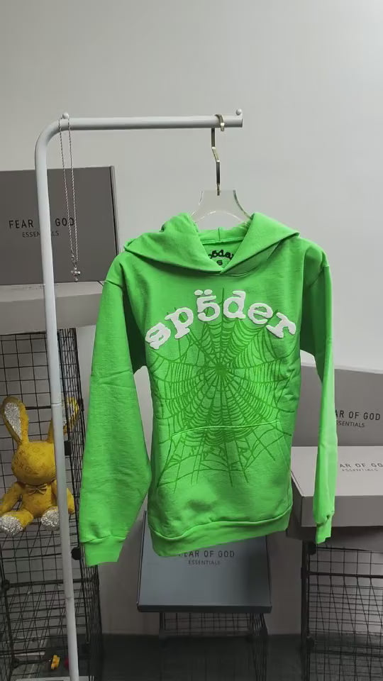 Sp5der Web Hoodie Slime Green front view with raised white logo and tonal spider web graphic