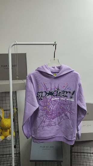 Sp5der Acai Hoodie Purple front view with raised black lettering, purple web and multicolor stars