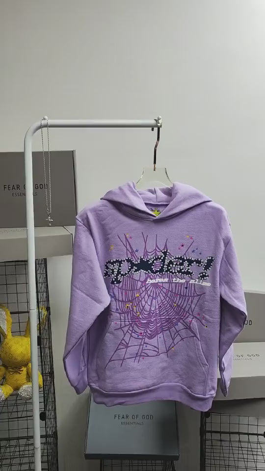 Sp5der Acai Hoodie Purple front view with raised black lettering, purple web and multicolor stars
