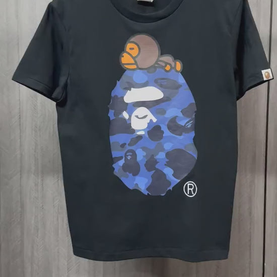 BAPE Black blue camo Milo on Big Ape graphic T-shirt front view