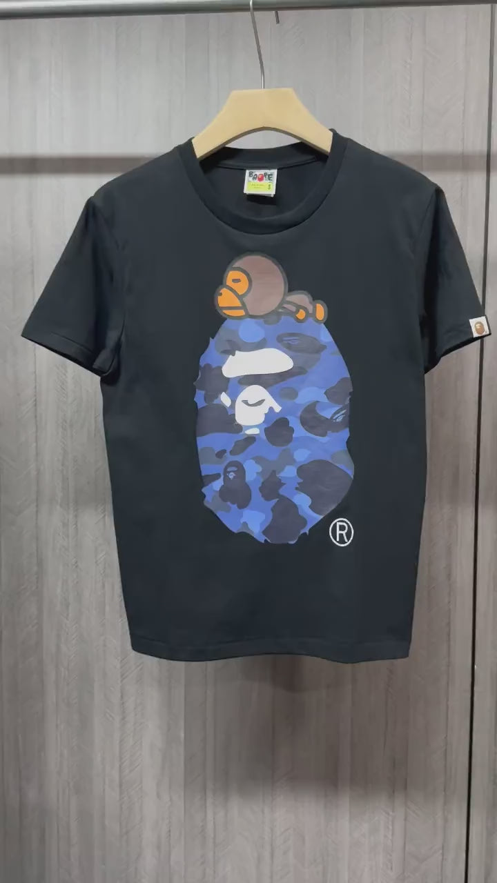 BAPE Black blue camo Milo on Big Ape graphic T-shirt front view