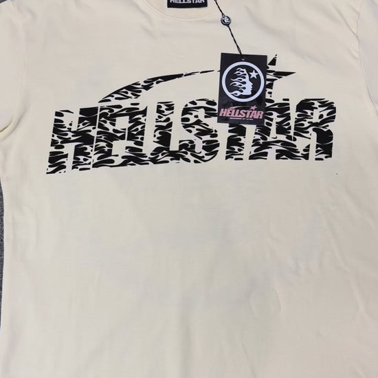 Hellstar Classic Logo Gel Print T-Shirt in cream front view with black flame-pattern wordmark