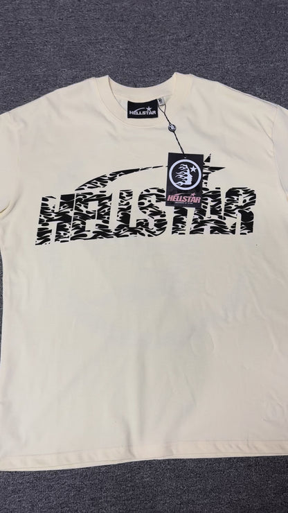 Hellstar Classic Logo Gel Print T-Shirt in cream front view with black flame-pattern wordmark