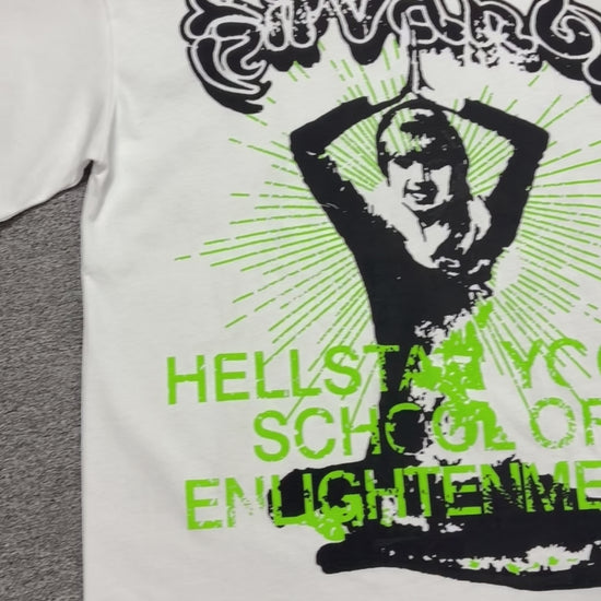 Hellstar Reach Your Inner Peace Om T-Shirt in white front view with green logo and oversized Om graphic