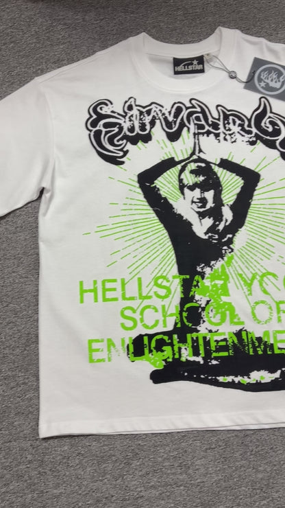 Hellstar Reach Your Inner Peace Om T-Shirt in white front view with green logo and oversized Om graphic