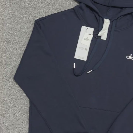 ALO Accolade Hoodie in Navy front view with embroidered chest logo