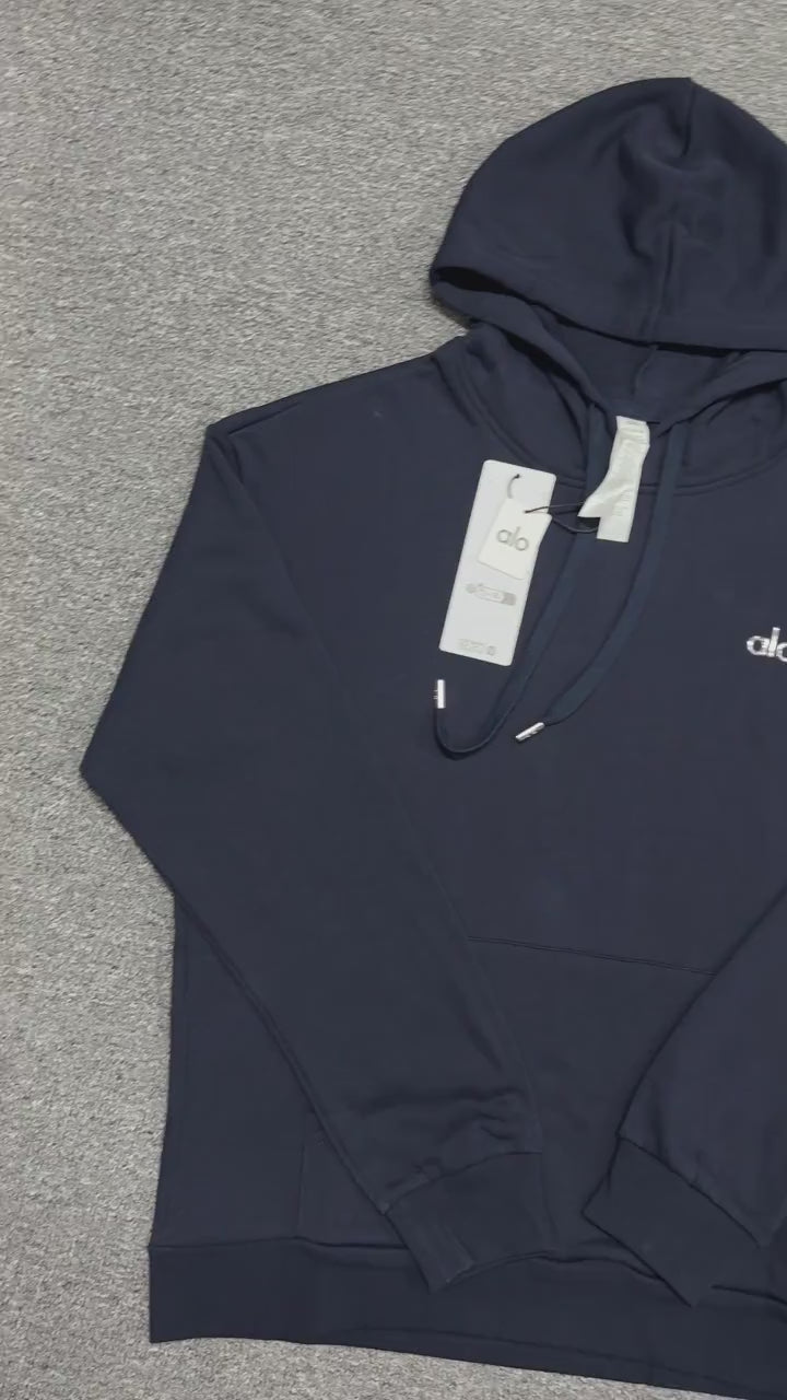 ALO Accolade Hoodie in Navy front view with embroidered chest logo