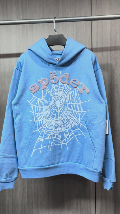 Sp5der OG Web V2 Hoodie Dusty Blue front view with raised grey logo and white spider web