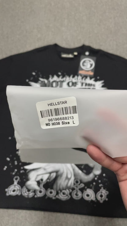 Hellstar Not of This Earth T-Shirt in black front view with oversized monochrome space character graphic