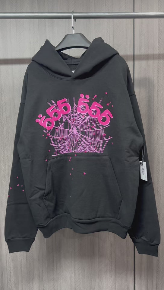 Sp5der Angel Number Hoodie Black front view with pink 555 graphics, spider web and scattered stars