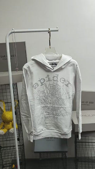 Sp5der OG Rhinestone Logo Hoodie White front view with silver crystal logo and spider web