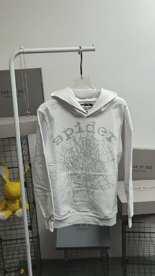 Sp5der OG Rhinestone Logo Hoodie White front view with silver crystal logo and spider web
