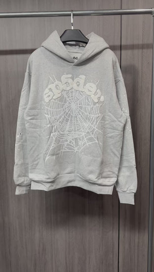 Sp5der OG Web Hoodie Heather Grey front view with raised white logo, spider web and star graphics