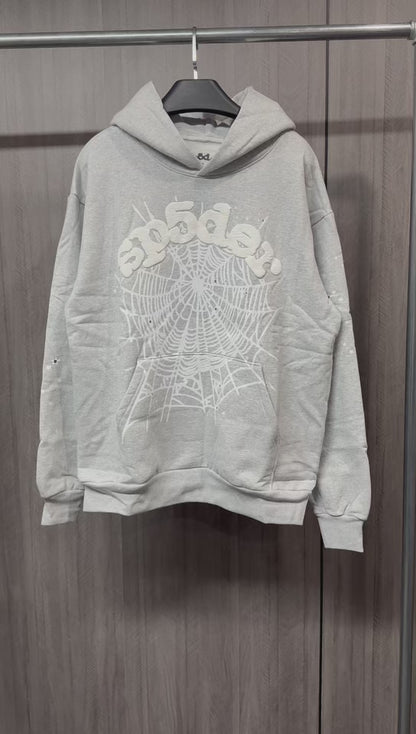 Sp5der OG Web Hoodie Heather Grey front view with raised white logo, spider web and star graphics