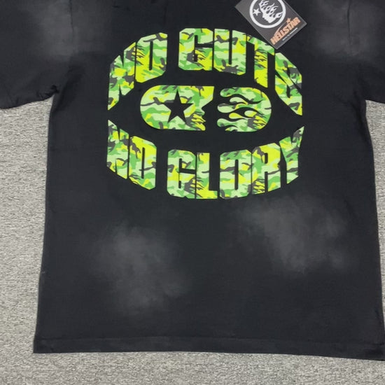 Hellstar No Guts No Glory green camo washed black T-shirt front view
