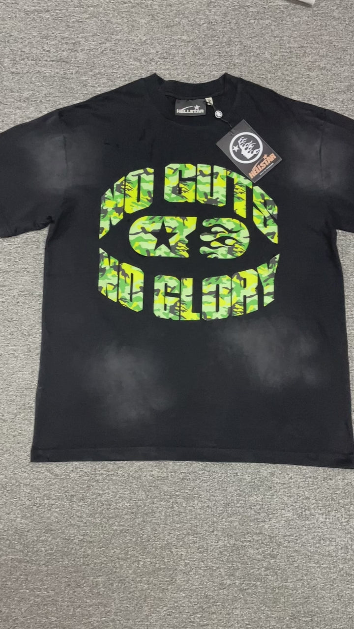 Hellstar No Guts No Glory green camo washed black T-shirt front view