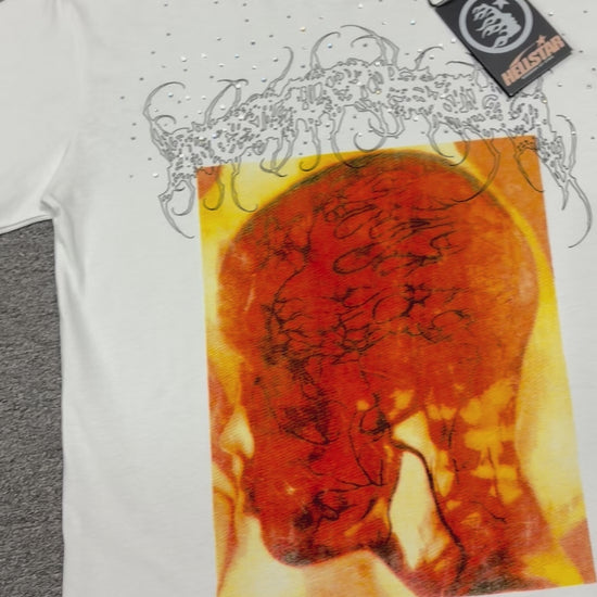 Hellstar Xray Rhinestone T-Shirt in white front view with oversized orange head-scan graphic