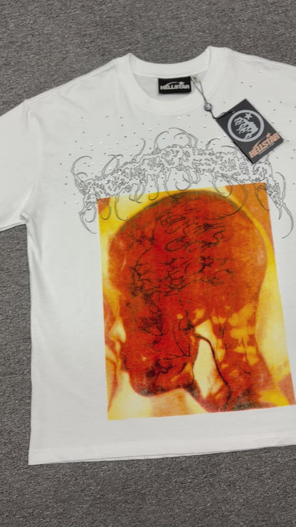 Hellstar Xray Rhinestone T-Shirt in white front view with oversized orange head-scan graphic