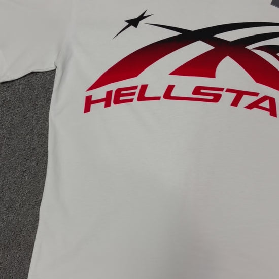 Hellstar Gradient Flame Sports Logo T-Shirt in white front view with red-to-black motion graphic