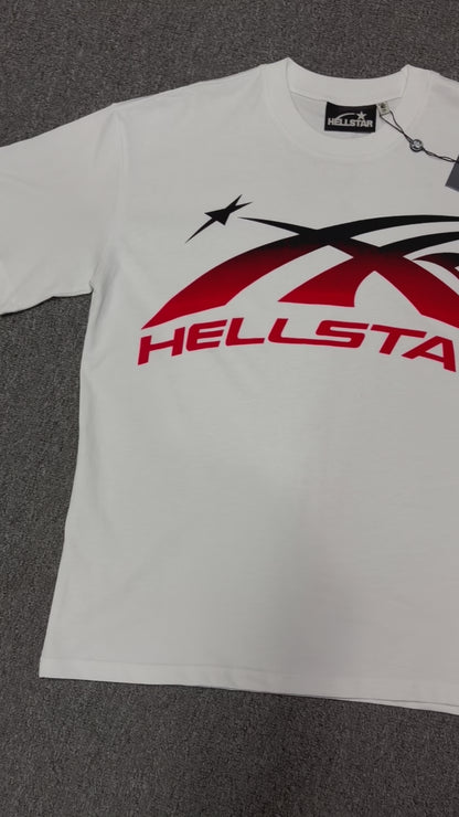 Hellstar Gradient Flame Sports Logo T-Shirt in white front view with red-to-black motion graphic