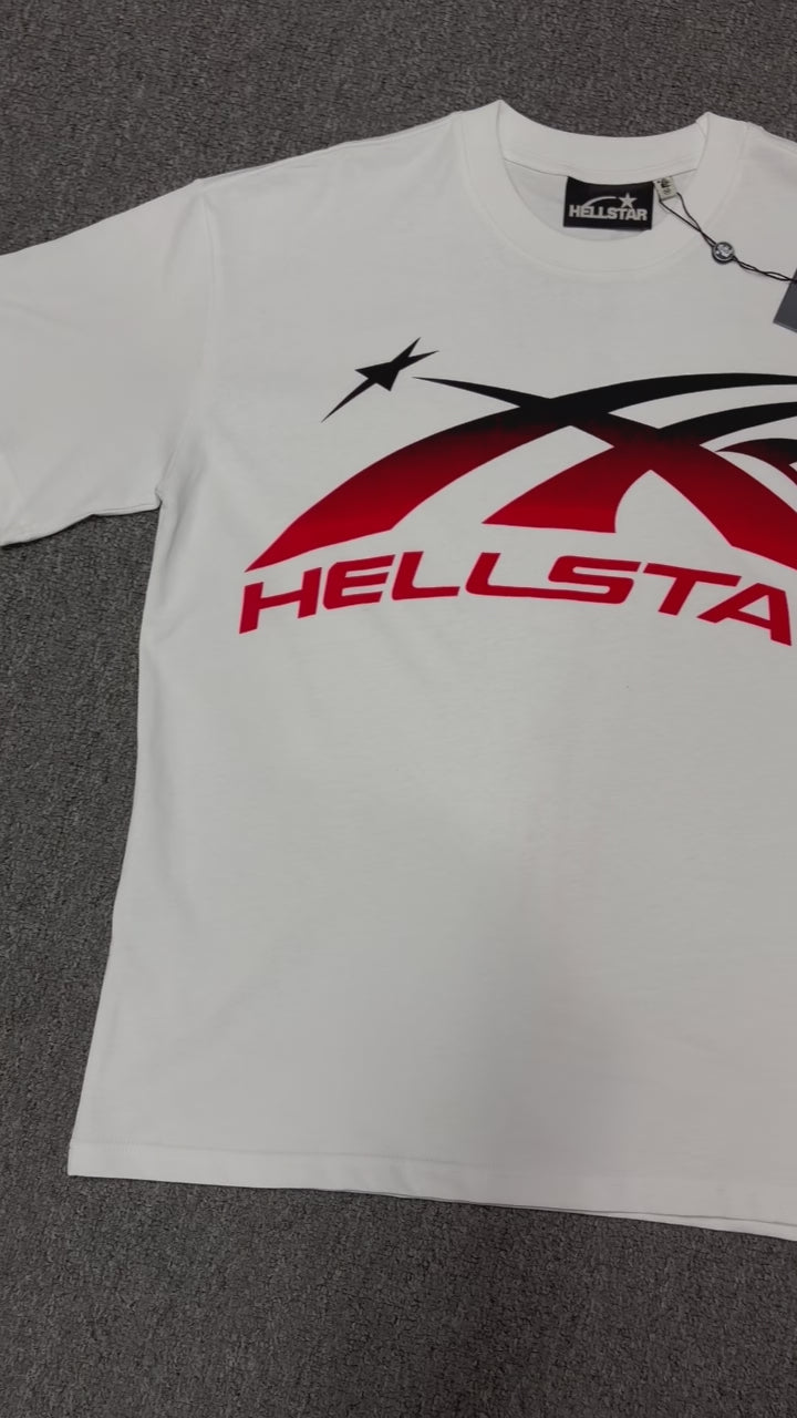 Hellstar Gradient Flame Sports Logo T-Shirt in white front view with red-to-black motion graphic